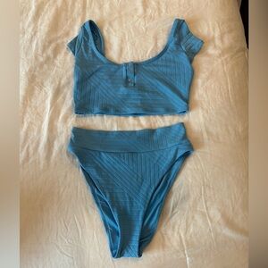 Aerie Light Blue Ribbed Bathingsuit Top and High Waisted bottoms
